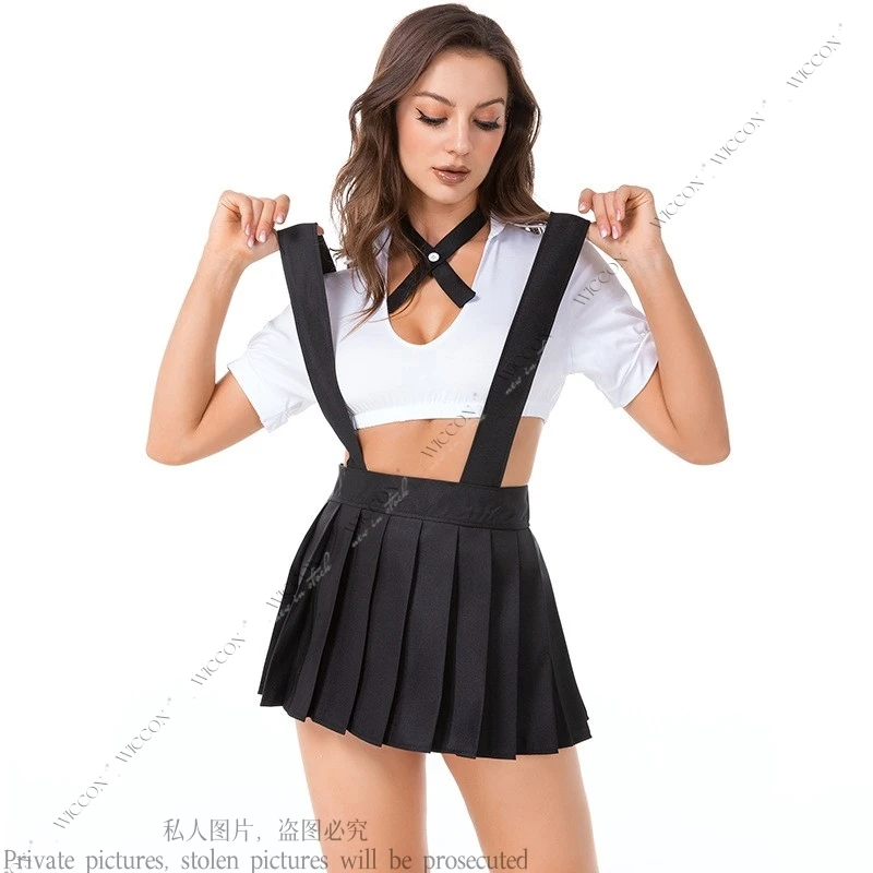 Zwart-wit Halter Student Sexy Plooirok Spel Uniform Cosplay Kostuum Rok Sexy Rollenspel Halloween Party Set Vrouw