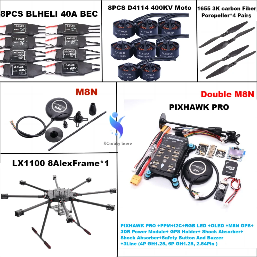 Angeltoy LX1100 Full Carbon Fiber PRO Double M8N Flight Controller 1100mm Octa-Rotor Frame BLHELI 40A ESC Set D4114 Motor