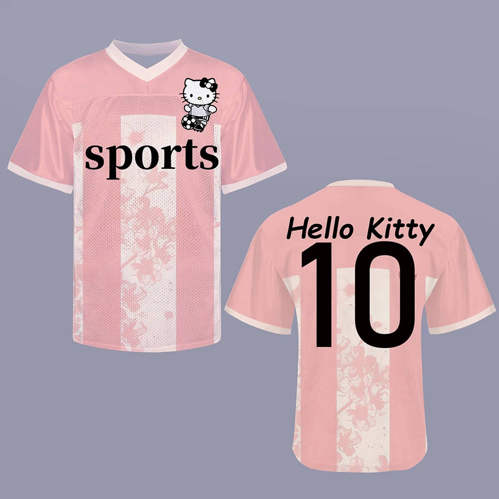 

Hello Kitty printed size 10 jersey V-neck loose streetwear 3D printed vertical stripe fashion short sleeved women's summer sport