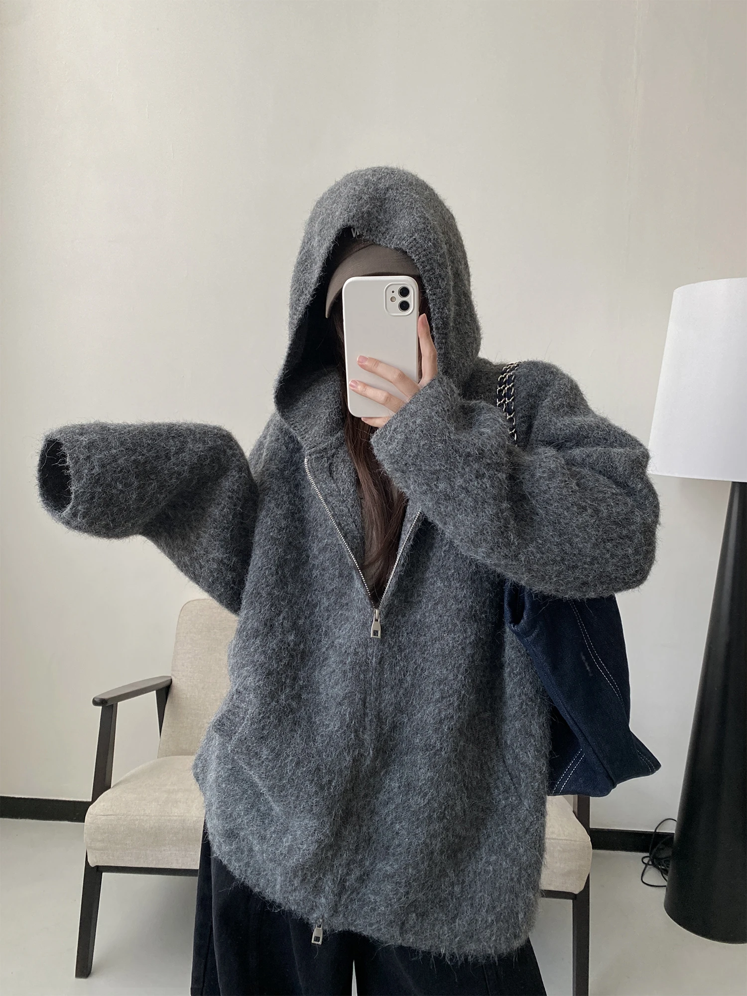 

Женский вязаный кардиган SunYeo с капюшоном на молнии, длинный рукав, повседневный, теплый, уютный, цвета сладкого чая