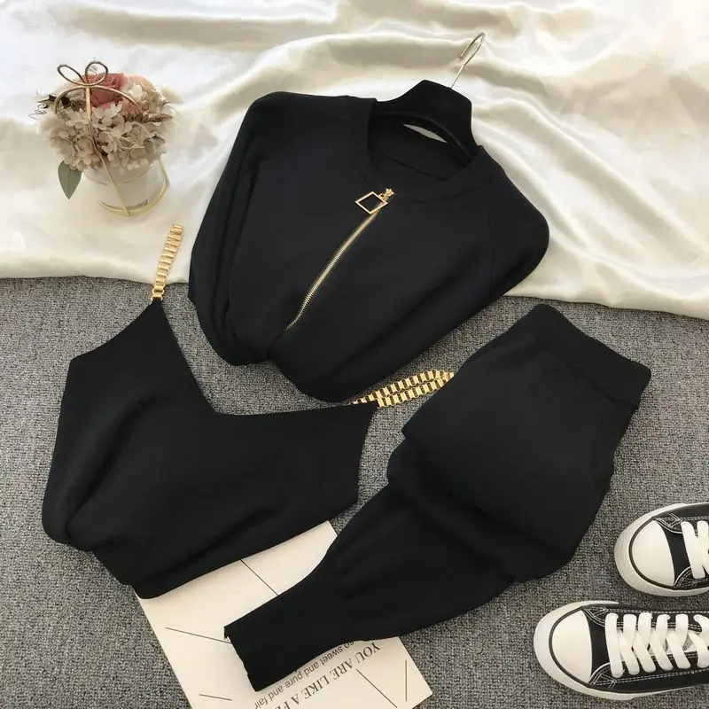 Woman Fashion Knitted 3 Piece Sets 2024 Autumn Elegant Temperament Chain Vest Knitted Casual Jacket+Elastic Pants Casual Outfits