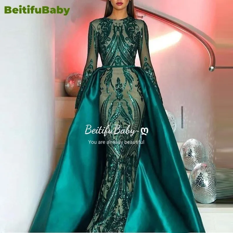 BeitifuBaby Women\'s Luxury Evening Dress Elegant Fish Tail Long Sleeve Light Luxury Sequins Formal Dresses for Women Vestidos