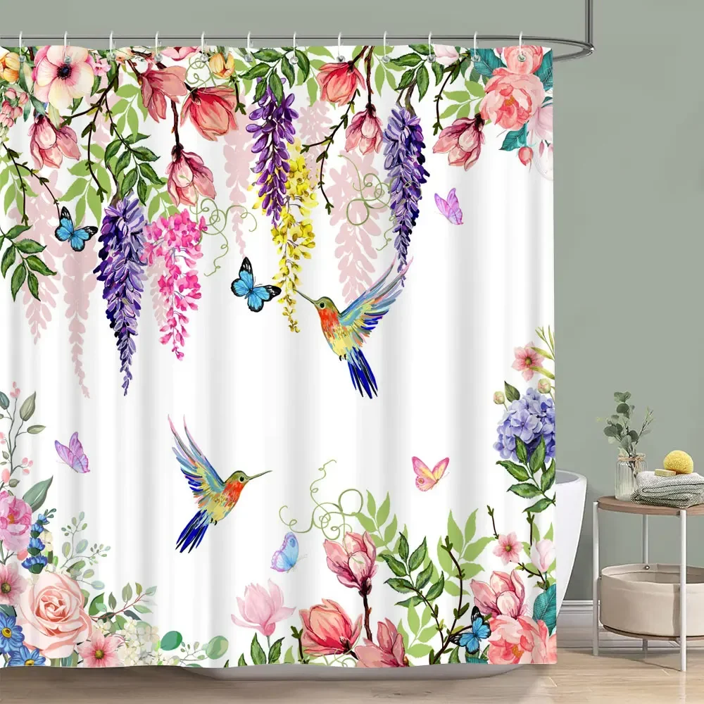 Bird Flower Shower Curtain Dahlia Eucalyptus Leaves Greenery Colourful Printed Polyester Waterproof Bath Curtains Bathroom Decor
