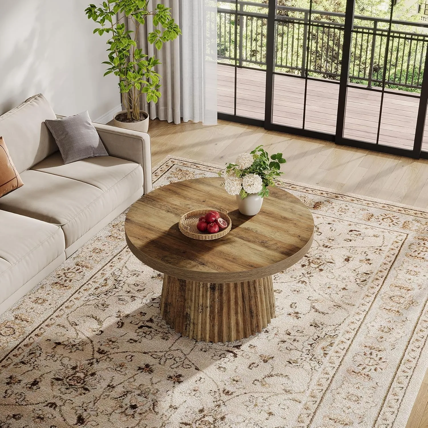 LITTLE TREE fluted drum round coffee table with modern boho oak finish