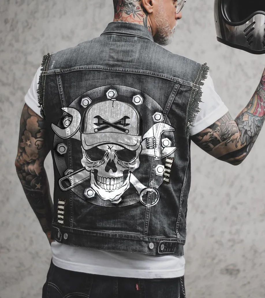 Men\'s Spring/Summer New Outdoor Cycling Motorcycle Punk Print Pattern Hollow Out Raw Edge Sleeveless Tank Top Denim Jacket