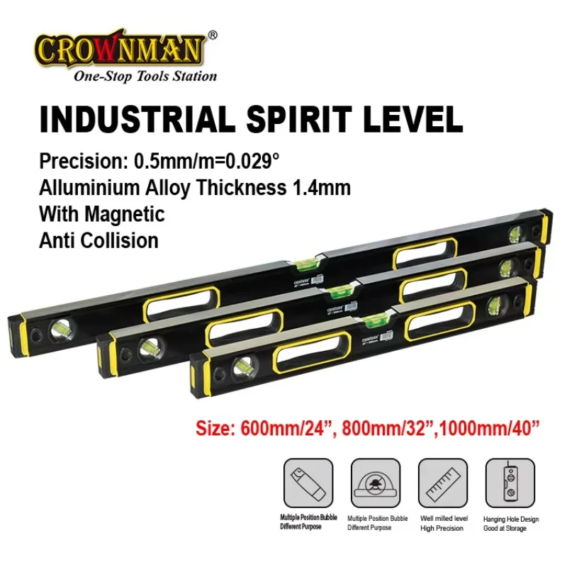 CROWNMAN 400/600/800/1000mm Waterpas Torpedo Presisi Tinggi Aluminium Magnetik Dengan 3 Vial Spirit Level