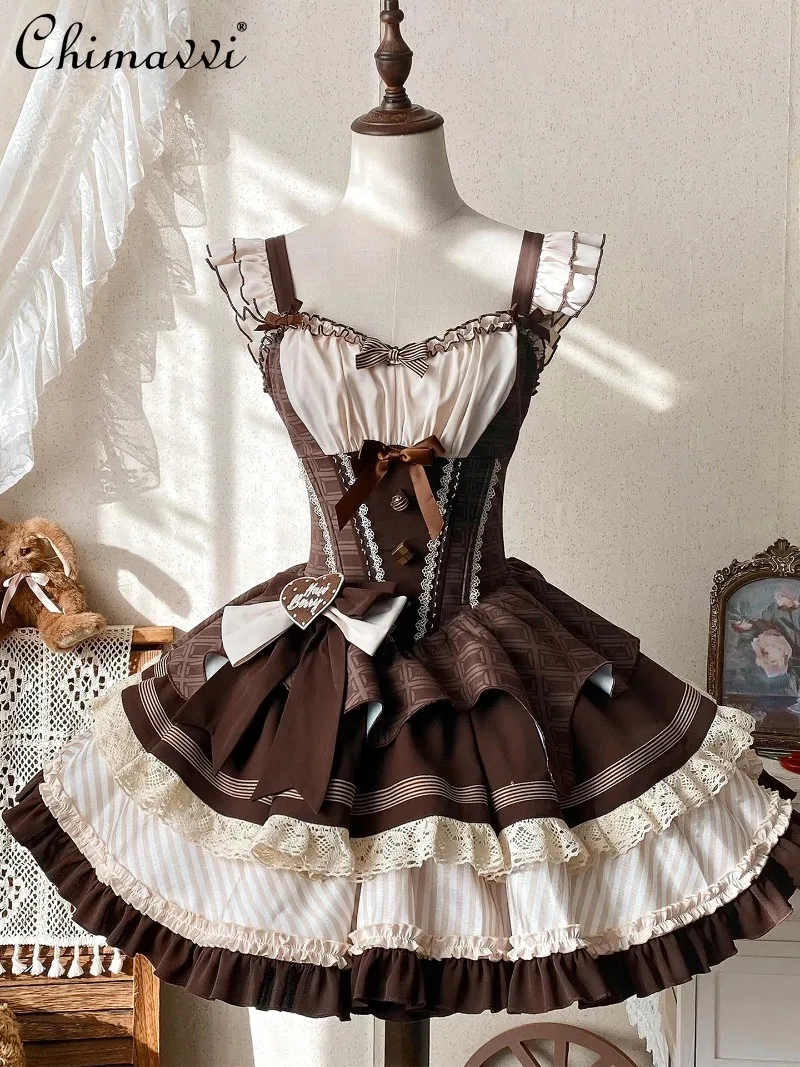 

Lolita Sweet Bow Flying Sleeve High Waist Cute Girl Puffy Dress 2025 Autumn New Vintage Kawaii Women's Elegant Short Dress