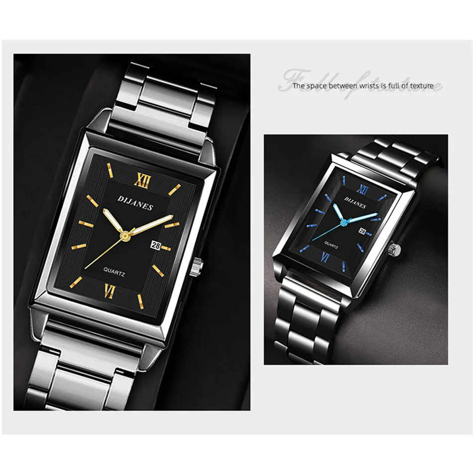 Top Brand Luxury Watch Ｍen Fashion Square Gold Sliver Men\'s Quartz Wristwatch Stainless Steel Strap Exquisit Business Men Watch