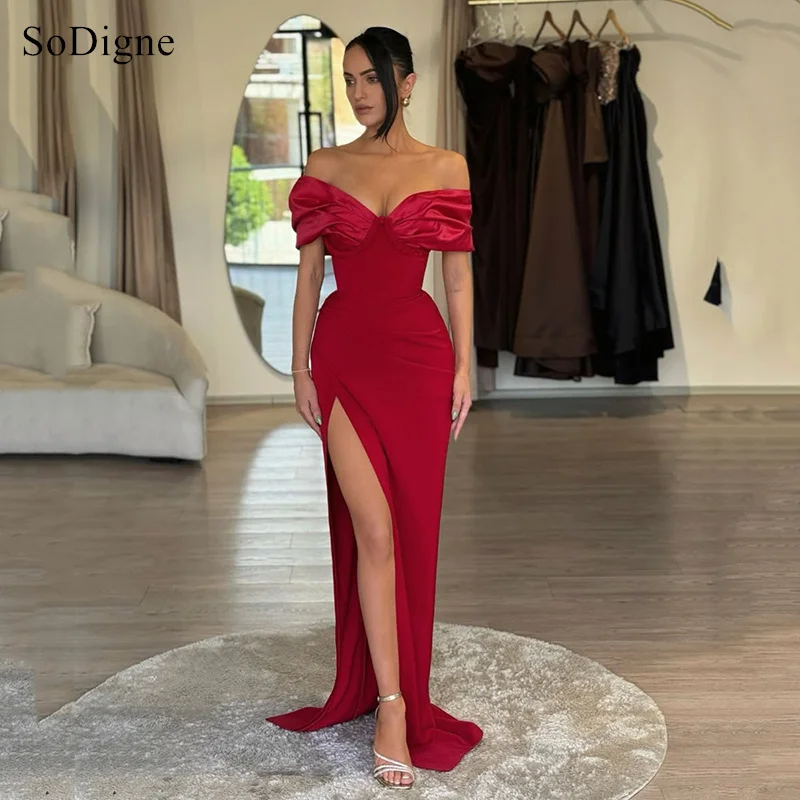 

SoDigne Charming Red Off Shoulder Prom Dresses Pleat Bodycon Maxi Party Dress Sexy Side Slit Cocktail Gowns