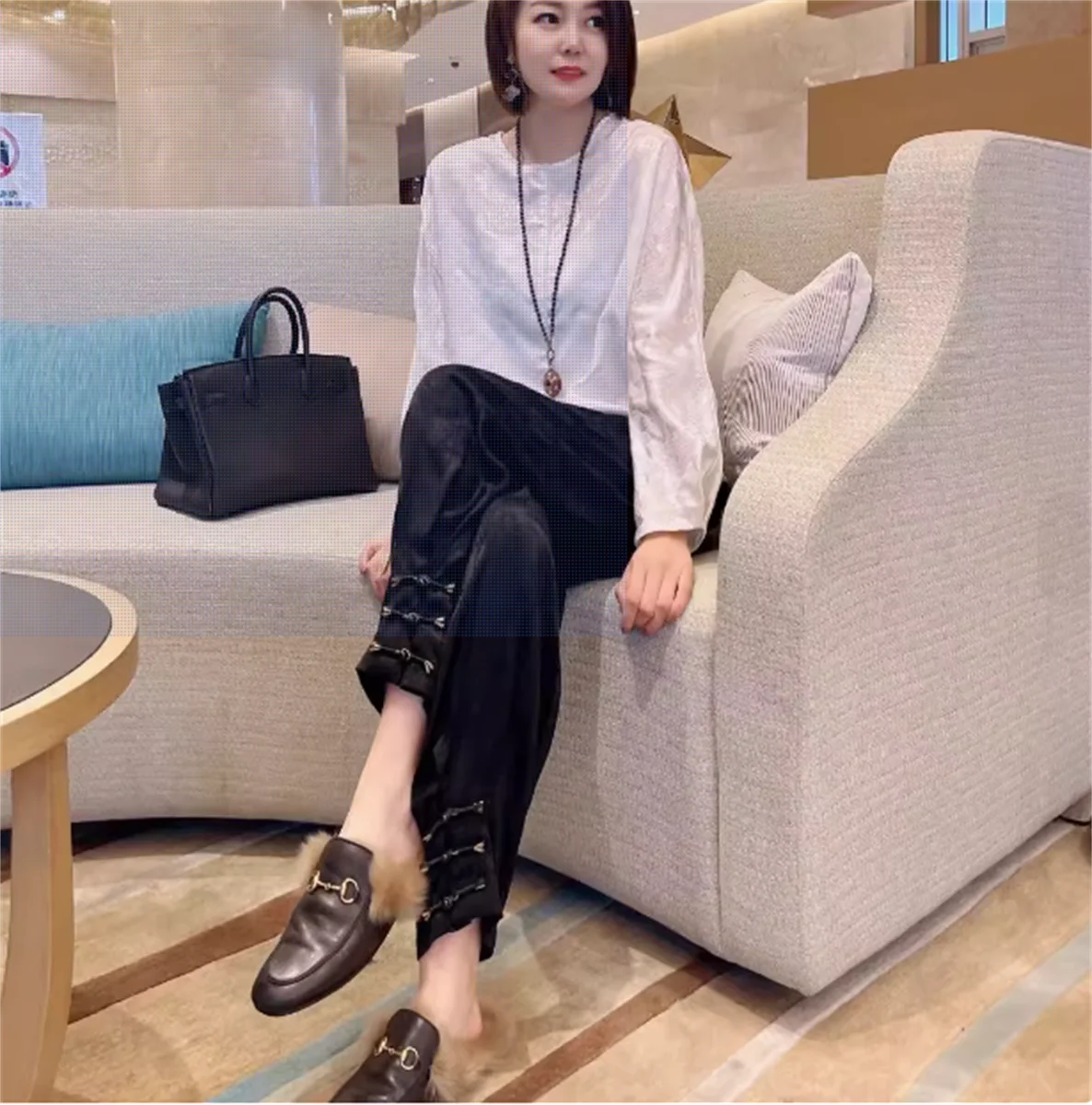 

Casual pants, early spring new style, heavyweight imitation silk and linen jacquard Chinese black nine point harem pants