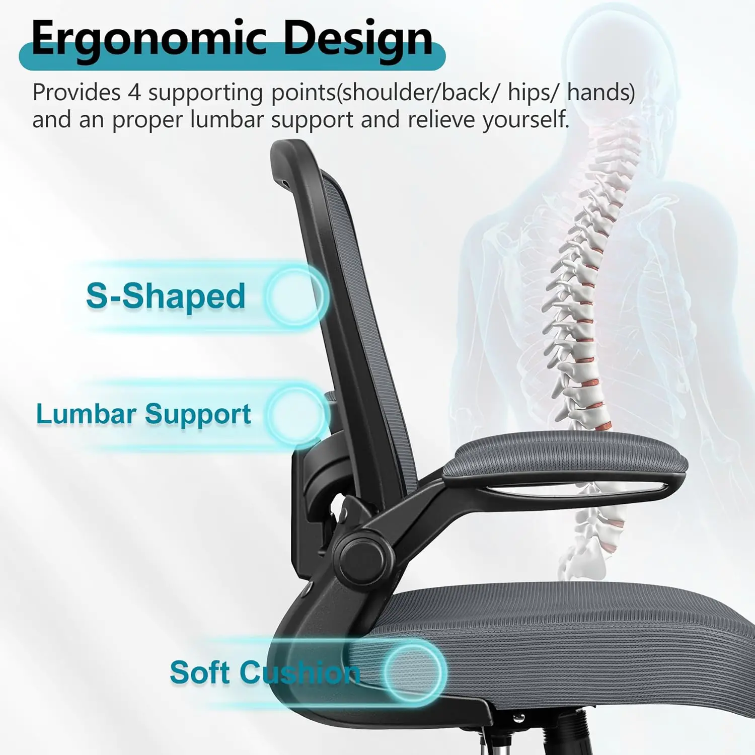 Cadeira ergonômica de escritório de malha respirável, cadeira de mesa com encosto alto ajustável, apoio lombar, braços flip-up