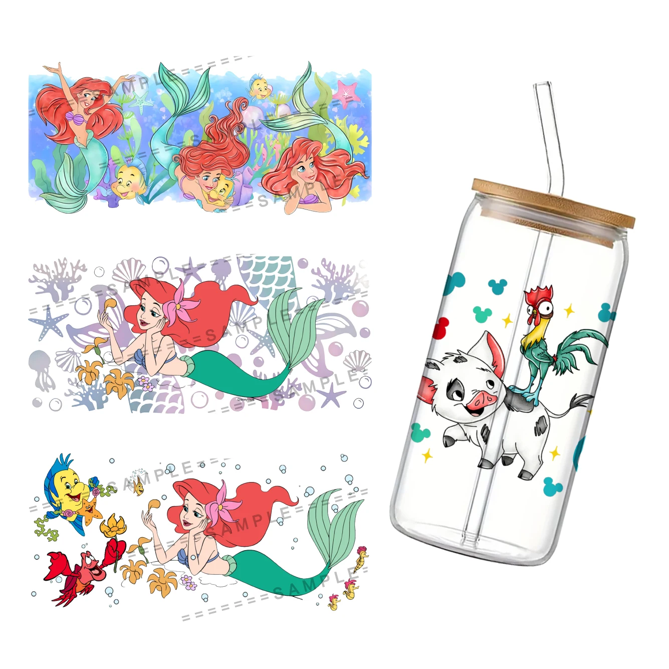 Disney Princess 3D Waterproof UV DTF Cup Wrap for 16Oz Libbey Cartoon Princess Glass Can DIY Transfer Sticker