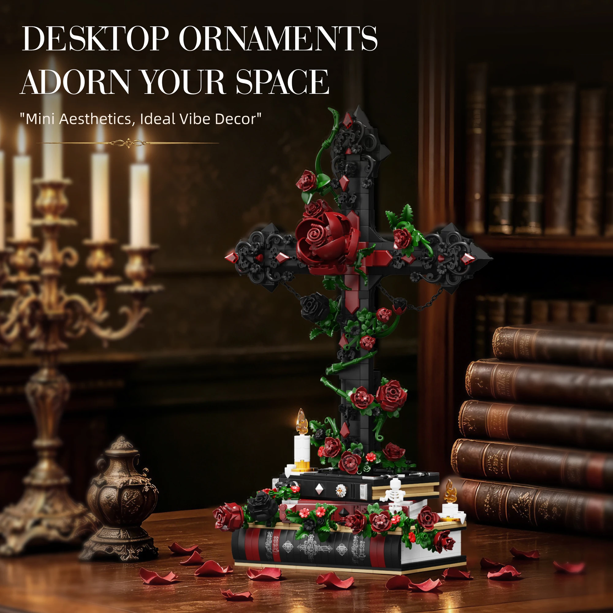 

MOC Gothic Dark Rose Cross Building Blocks Set, Desktop Creative Toys Ornament, Educational Model Assembly Toys, Birthday Gift