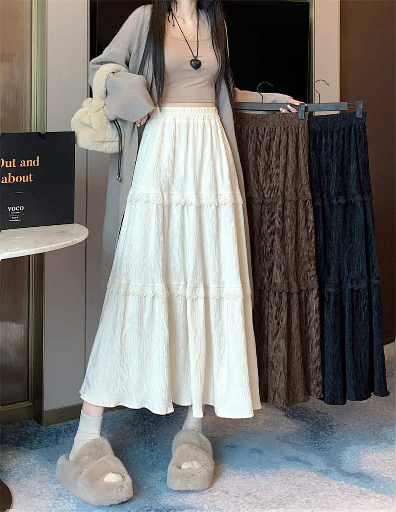 Autumn Winter Thickened Corduroy Cake Long Skirt Splicing Lace Velvet Skirt