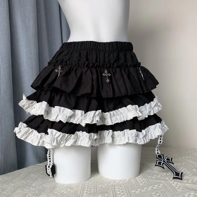 Sumyee Dark Punk Style Spicy Girl Y2K Cross Cake Skirt Slimming Fluffy Pants Lolita Half Skirt Loose Fit Summer Polyester