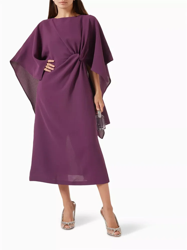 Robe mi-longue en mousseline de soie torsadée, Cape violette élégante, personnalisée, manches Cape drapées, col rond, taille, Design plié