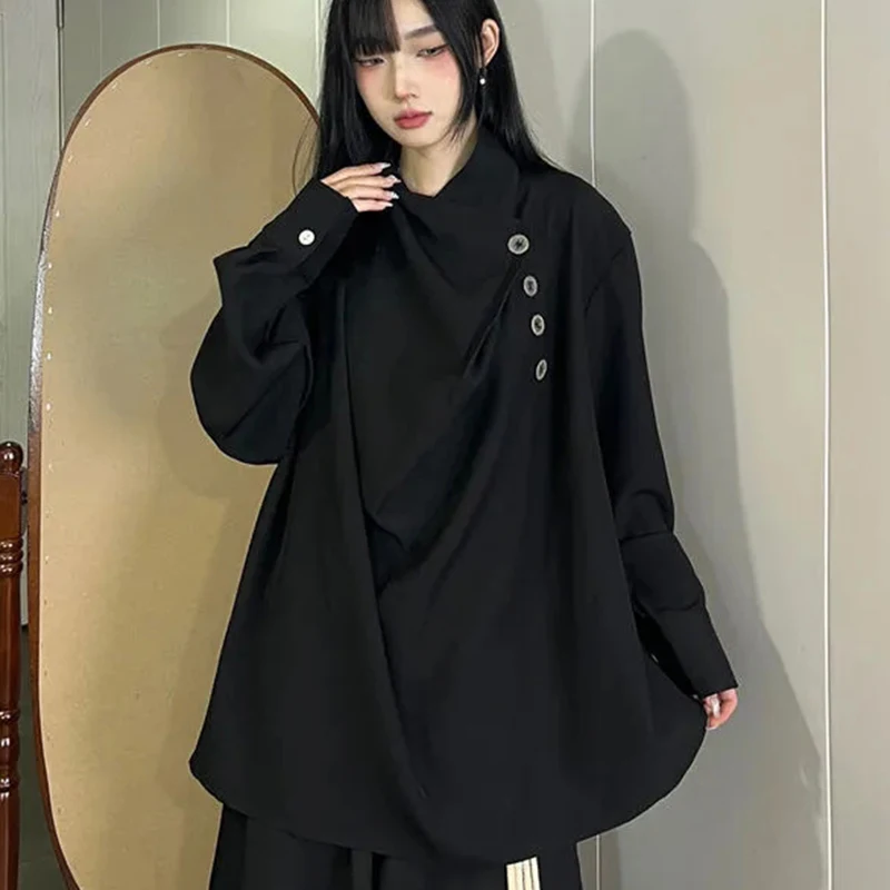 

Harajuku Y2K Solid Blouse Women Long Sleeve Loose Yohji Yamamoto Shirt Asymmetric Halloween Lazy Hiphop Black Top