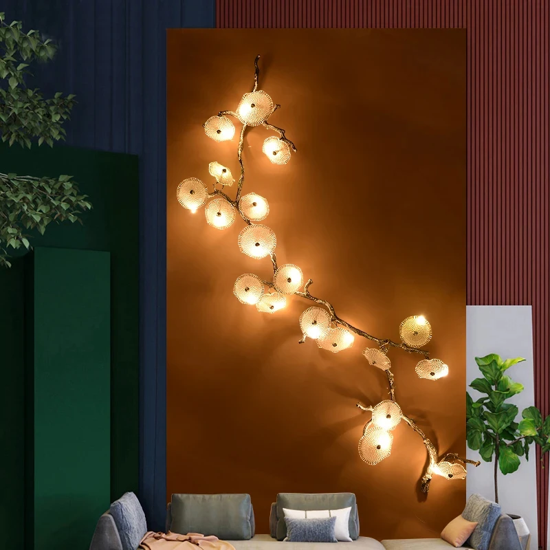 

CX258GB Light luxury all copper branch wall lamp stair background wall Chinese style building luxury villa living room lotus