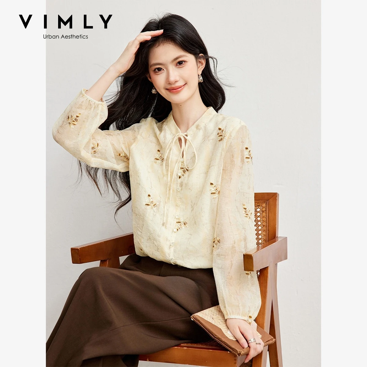 VIMLY New Chinese Style Blouse 2026 Autumn Loose-fit Lantern Sleeve Jacquard Tie Shirt Elegant Office Lady Fashion Top A7627