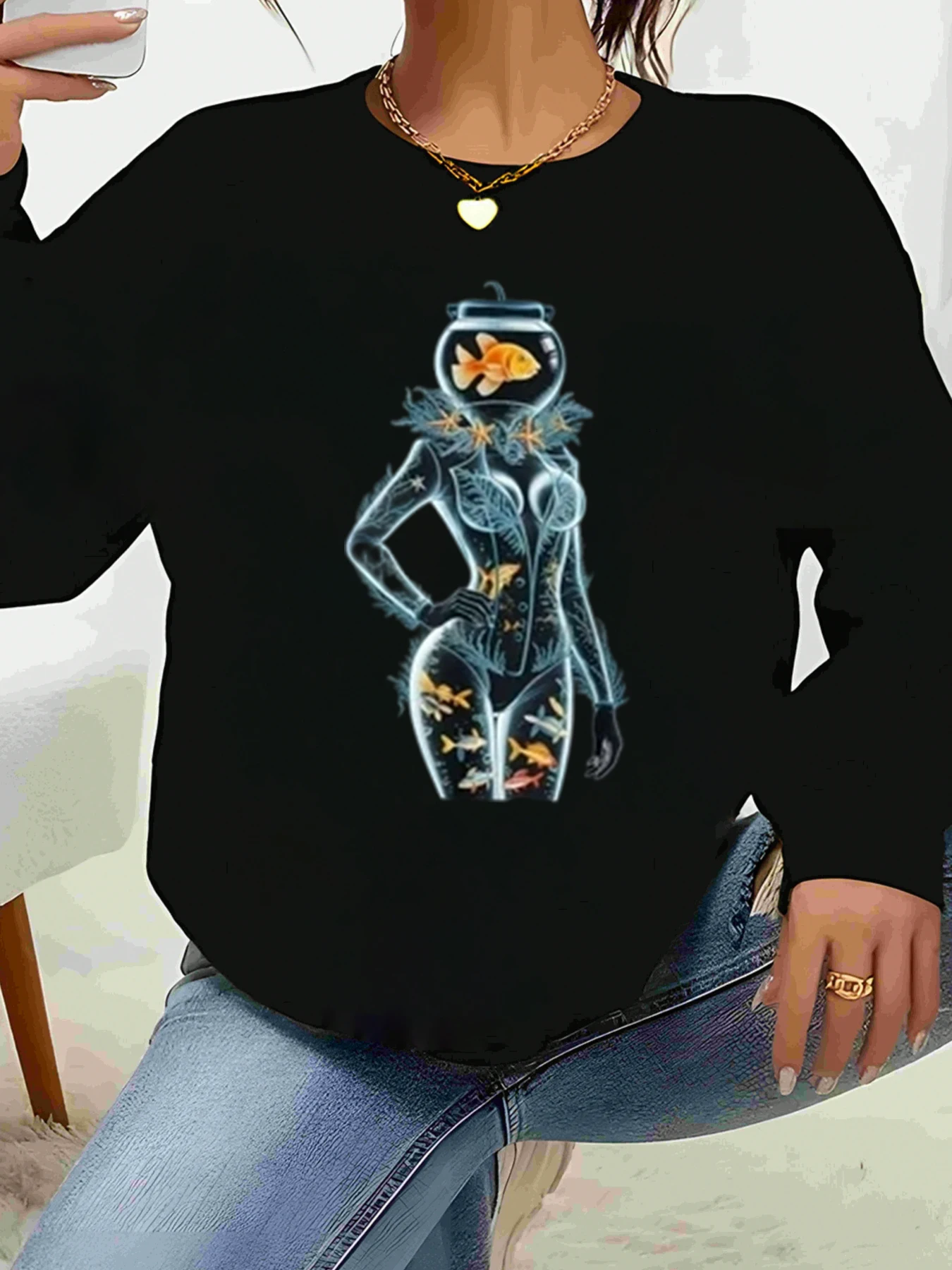 

Рыбная чаша со скелетом и принтом, топ с длинными рукавами, повседневная одежда на Хэллоуин, женская одежда