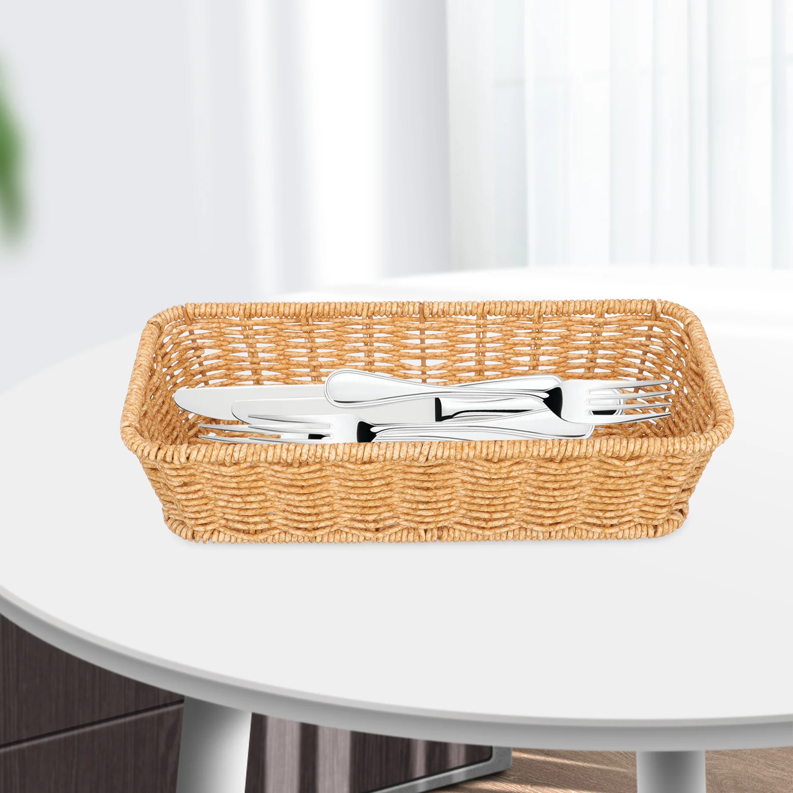 

Desktop Storage Basket Imitation Rattan Large Capacity Organizer Cosmetics Tableware Sundries Container Decorative