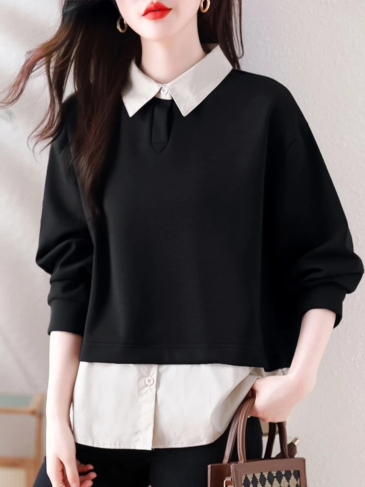 Splicing Baggy Sweatshirt for Women Casual 2000s Novelty Long Sleeve Aesthetic Y2k Vintage New in Designer Woman Pullover Tops