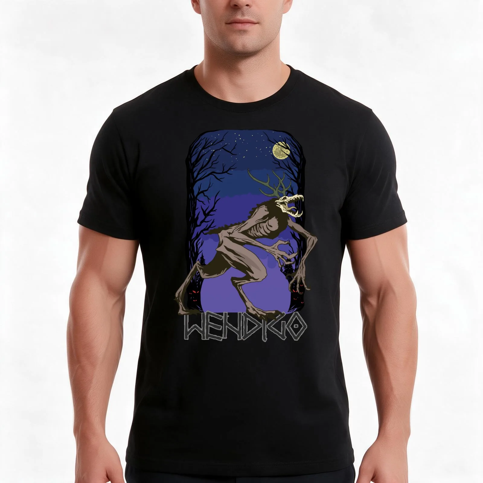 Native American Wendigo Skin Walker Cryptid Art T-Shirt, Summer Casual Cotton Tee, Oversized Streetwear Tops, Unisex Men Women