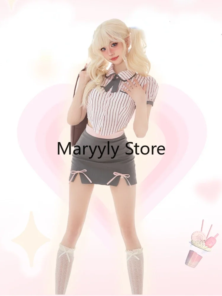 Casual Japanese Y2k Party Suits Style Women Striped Short Sleeve Blouse + Bodycon Mini Skirts 2023 Summer Kawaii Clothing Outfit