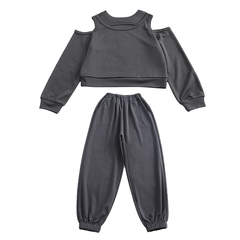 2024 New Childrens Set Autumn Girls Trendy Casual Heart Machine Off Shoulder Double Wear Sports Set Suitable 4 6 7 8 9 10 12 14T