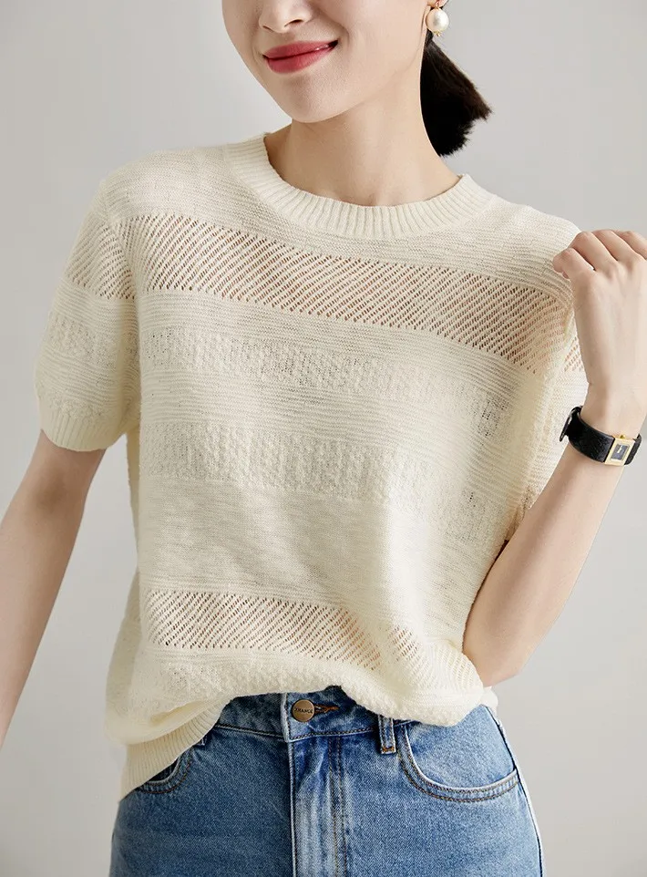 2024 New Cashmere short sleeves O-Neck hollow cashmere knit short sleeve women spring summer loose thin Cashmere short sleeves