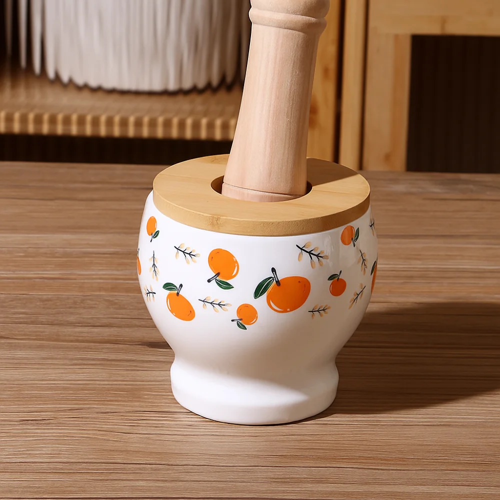 Mortero de cerámica multifuncional, mortero Manual con patrón de flores que ahorra trabajo, rosca interna con tapa, juego de mortero de cocina