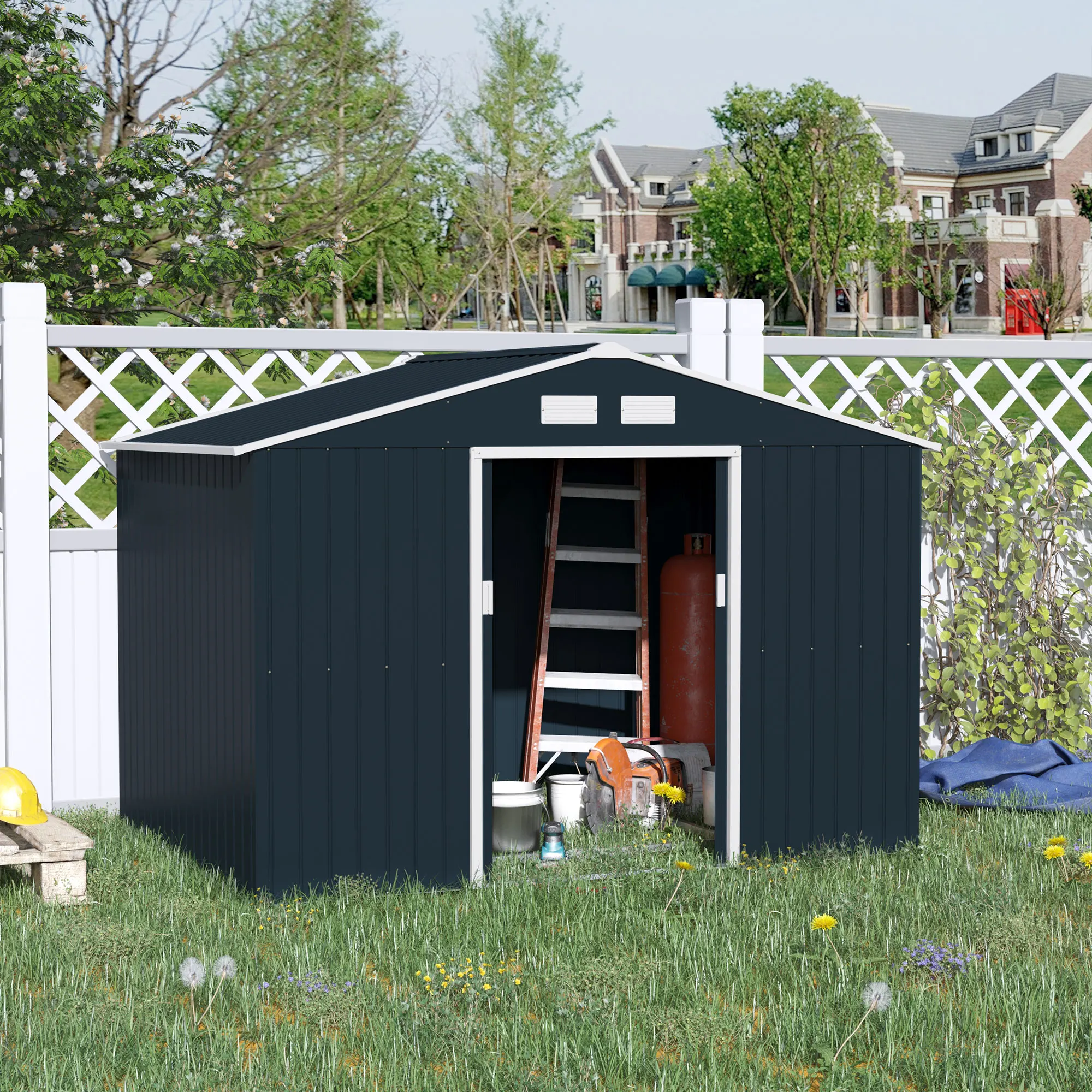 Outsunny outdoor shed 4,9 m² 277x195x192 cm metal garden shed with included Base and 4 gray windows