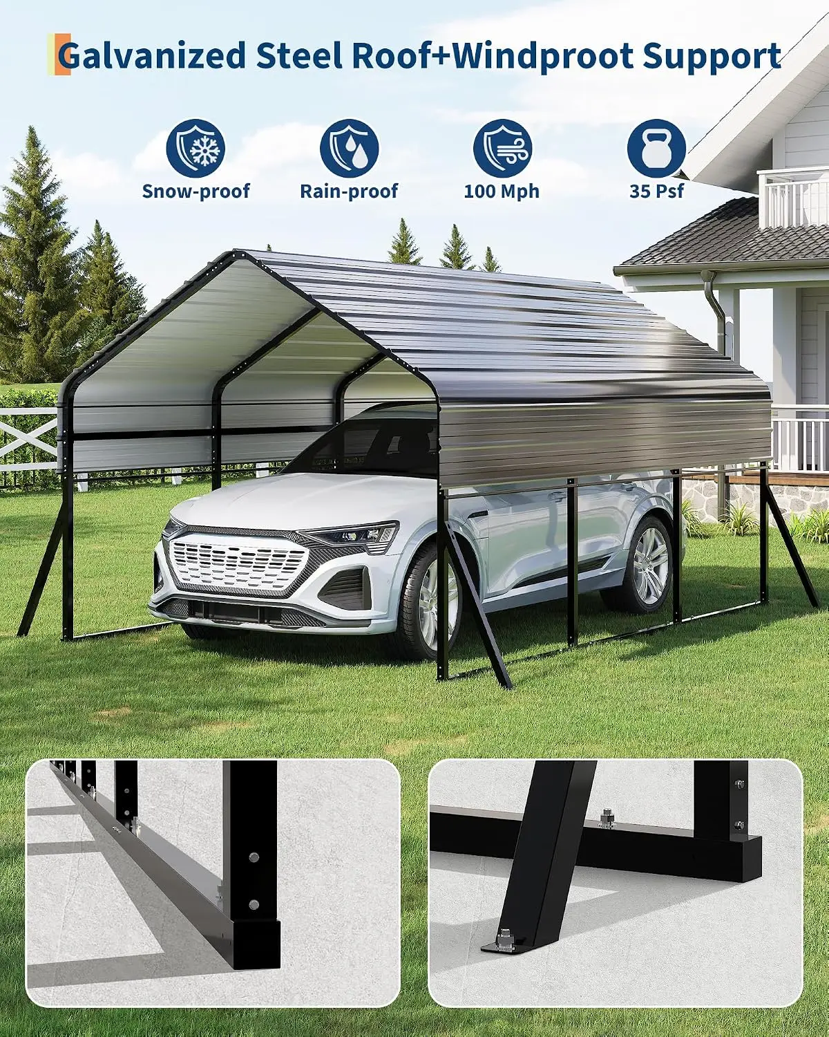 10'x15' Heavy Duty Metal Carport Kit for Truck Boat RV Tractor, Reinforced Frame with Anchors, Easy Assembly, Customized