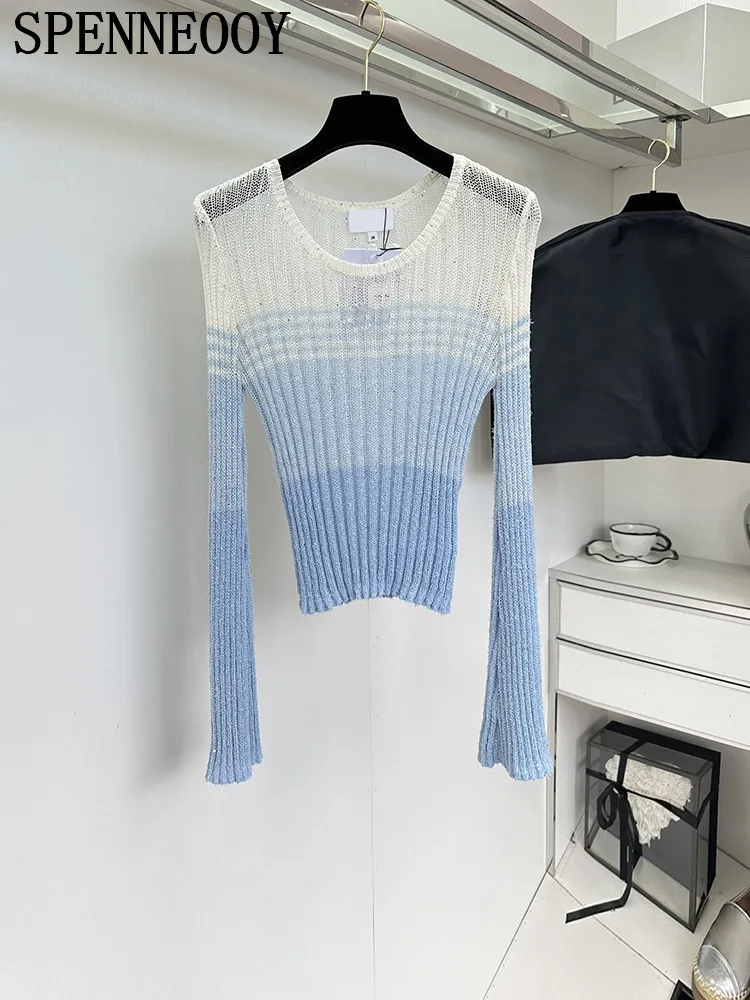 

SPENNEOOY Fashion Runway Spring Summer Gradual Change Knitting Pullovers Women's O-Neck Flare Long Sleeve Thin Style Sweaters