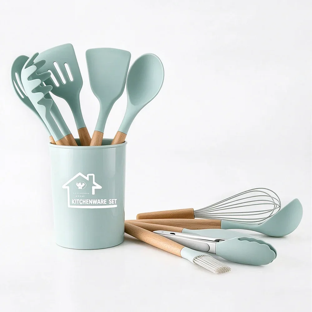 12Pcs Light Green Silicone Kitchenware Set Wood Handle Cooking Utensils Non-Stick Spatula Colander Shovel Cooking Tongs