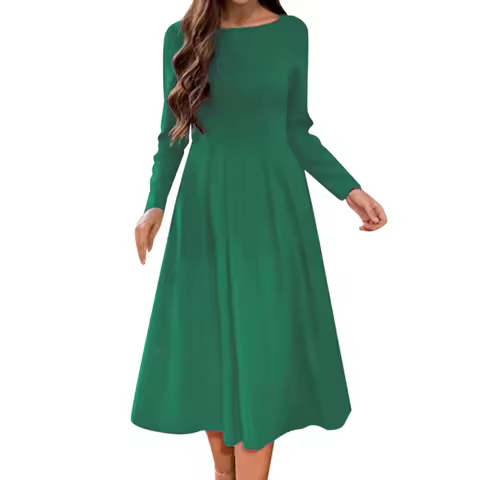 Spring Summer Dress For Women A Line Slim Pleated Knee Length Dress Long Sleeve Solid Round Neck Elegant Evening Party Dresses