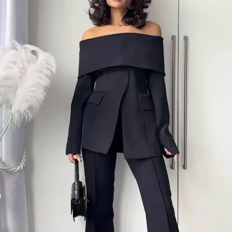 Women Slash Neck Off Shoulder Solid Blazer High Waisted Casual Pant Suits Office Ladies Two Piece Sets Womens Outifits