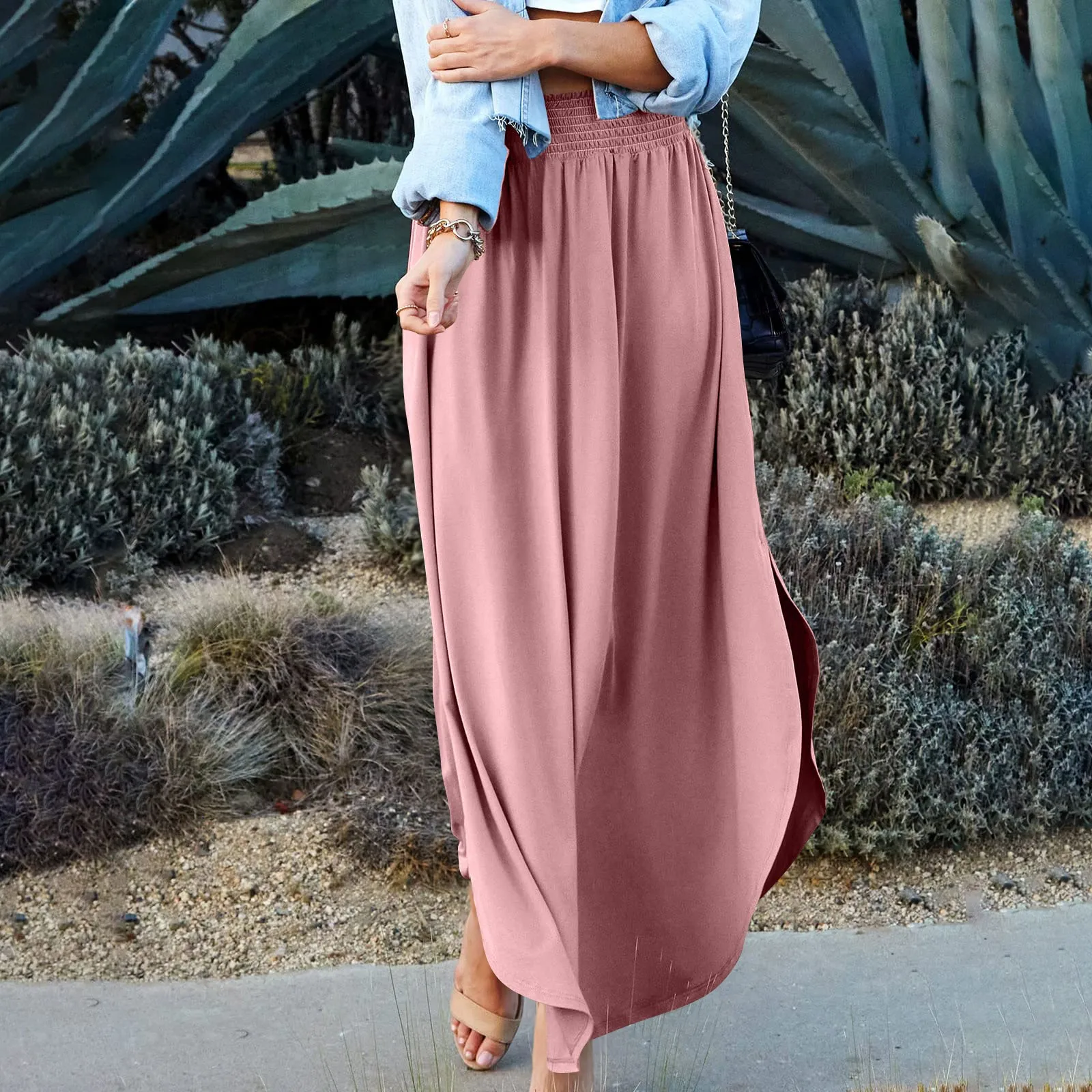 Elegant High Waist Skirt For Women Casual Bohemian Maxi Skirt A Line Split Irregular Hem Long Skirts Female Outfits Summer