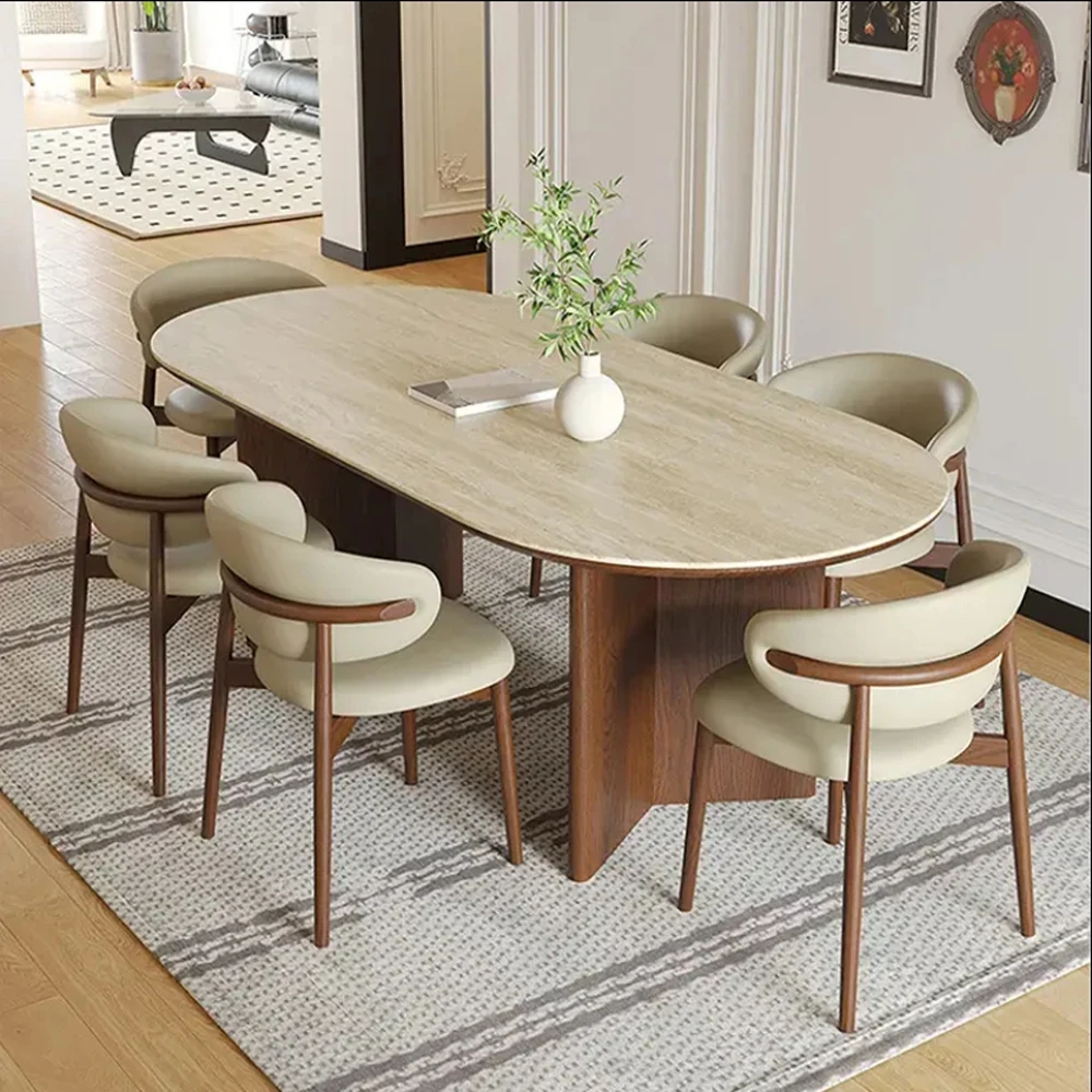 Afbeelding 5: Franse moderne design high-end eettafel met midden-antieke ovale travertijn leisteen bamboe stoel massief houten meubelen