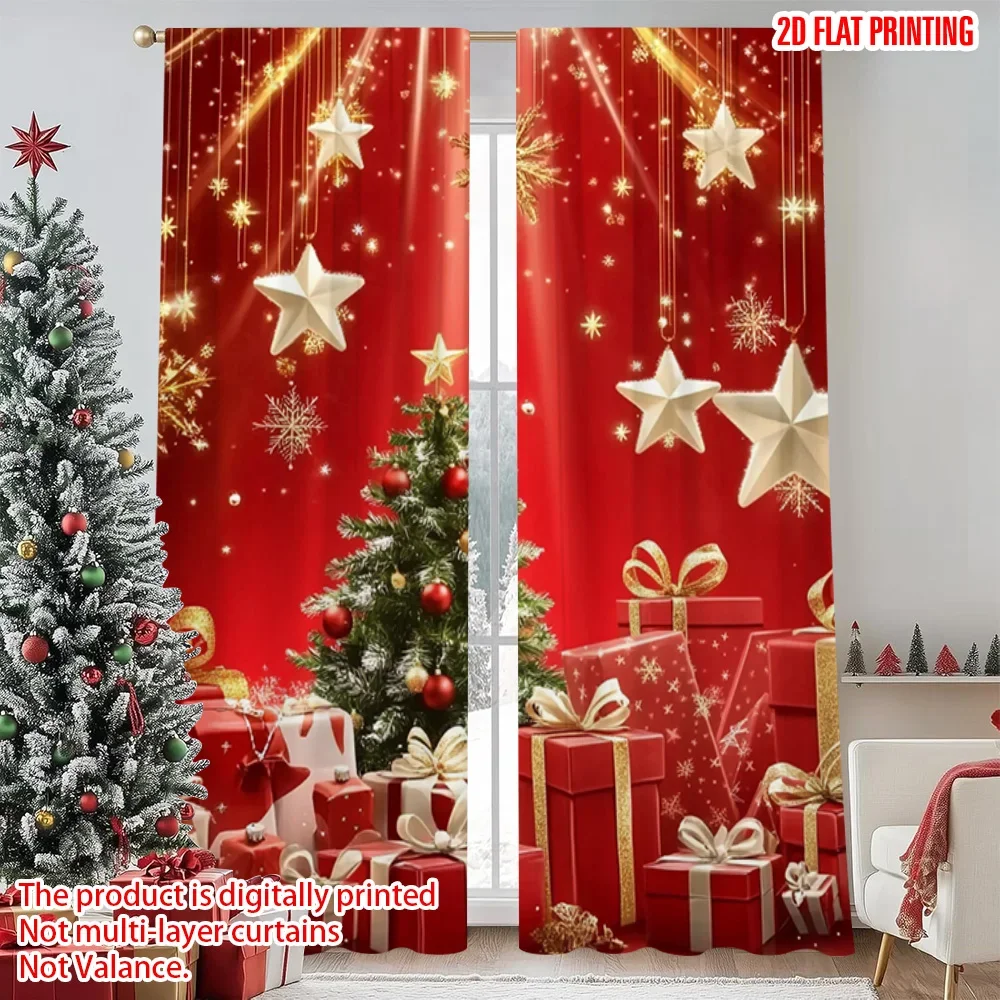 2pcs 2D flat printing Christmas Curtains Christmas trees and gifts Versatile 100% Polyester Without Electricity Spring for gold