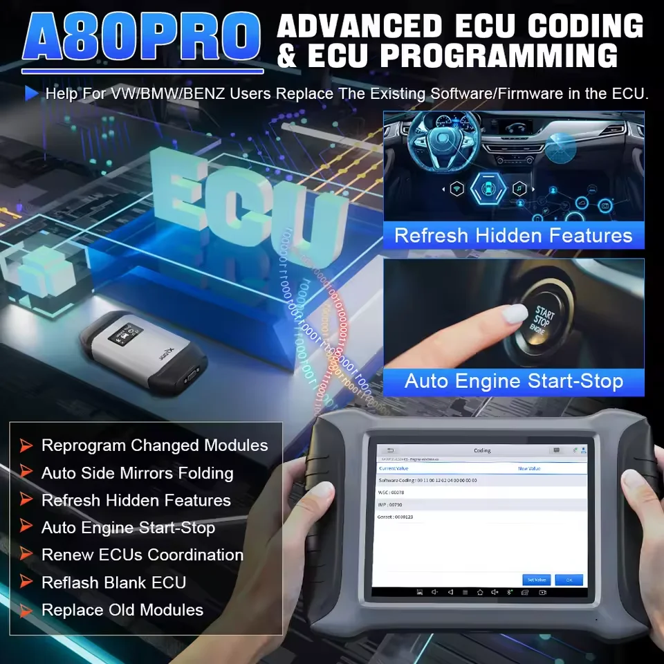 أداة برمجة وحدة التحكم الإلكترونية XTOOL A80PRO، أداة تشخيص، برمجة المفاتيح، ماسح ضوئي للسيارات، 42+ إعادة تعيين، خريطة الطوبولوجيا، CAN FD/DoIP مدمج