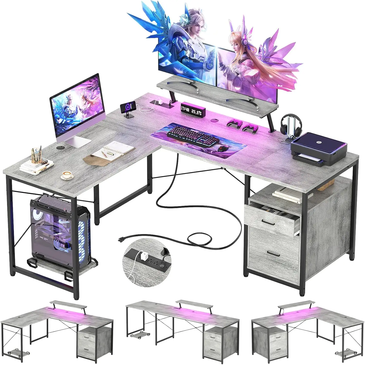 L-Shaped Desk with Power Outlet and LED Strip, Reversible File Drawer and Monitor Stand, Gaming Table Writing Desk for Home Offi