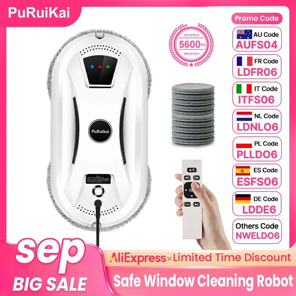 Image of PuRuiKai AI Fensterputzroboter, intelligenter automatischer Reiniger, streifenfrei, für Fenster/Fliesen/Glastüren, selbstreinigend, extrem leise