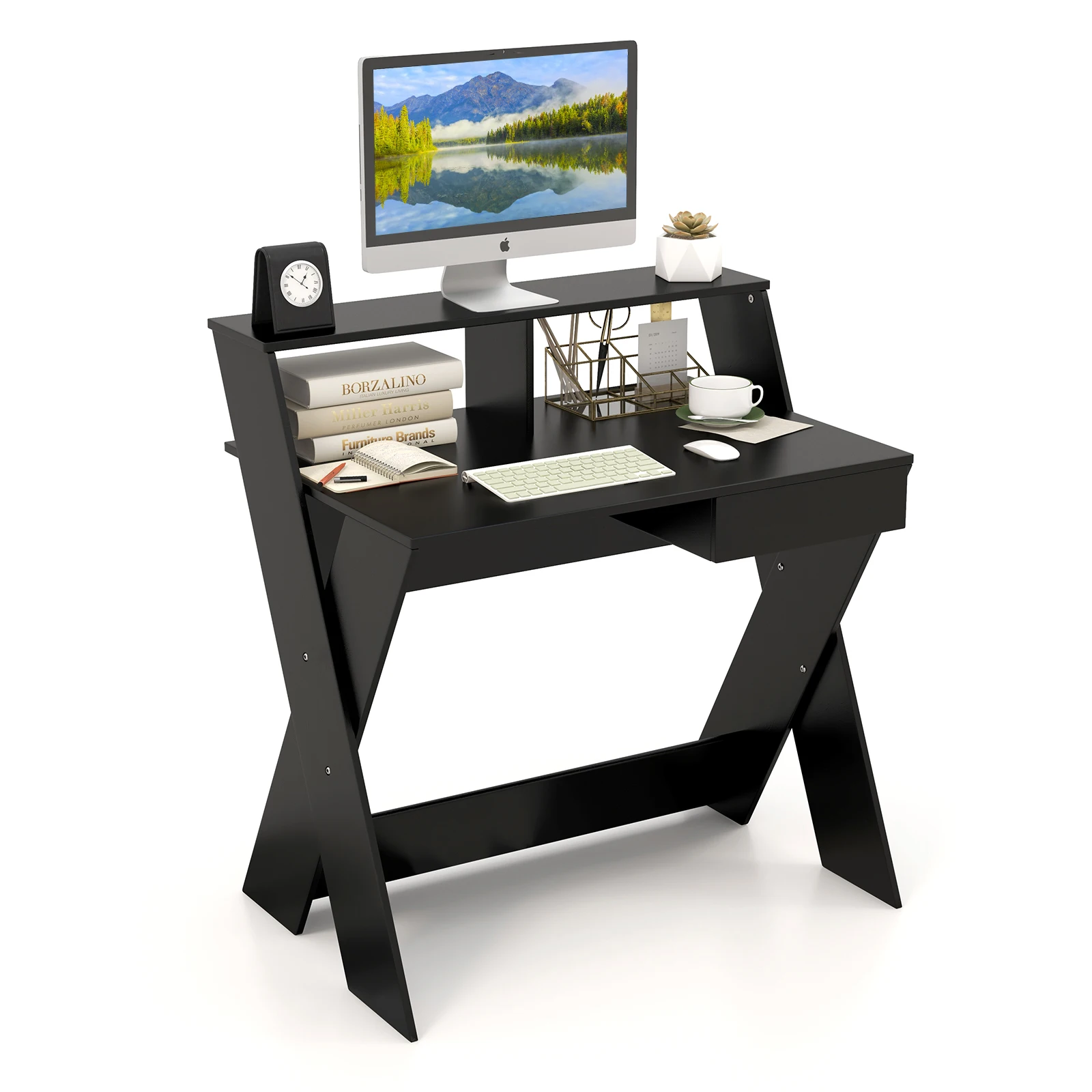 Computer table with Drawer desk with Monitor Rise, X Shaped Worktable Wood Small Spaces Home