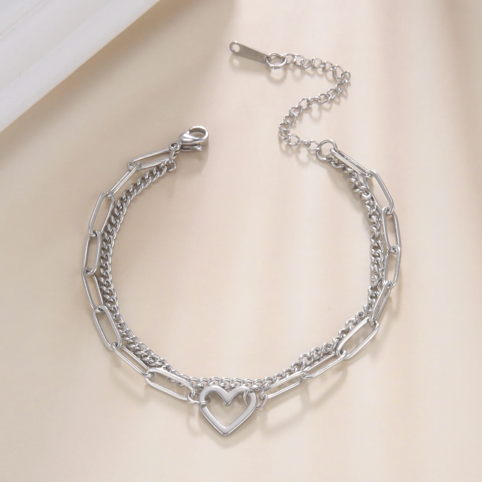 Heart Pendant Bracelet Paper Clip Chain Bracelet Stainless Steel Double Chain Bracelet for Women Couple Jewelry for Party Gift