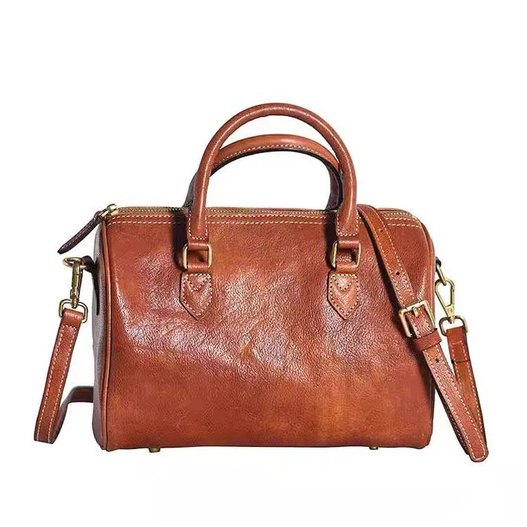 2024 Luxury Brand Top Layer Cowhide Vintage Boston Tote Pillow Bag Leather Shoulder Crossbody Bag for Women