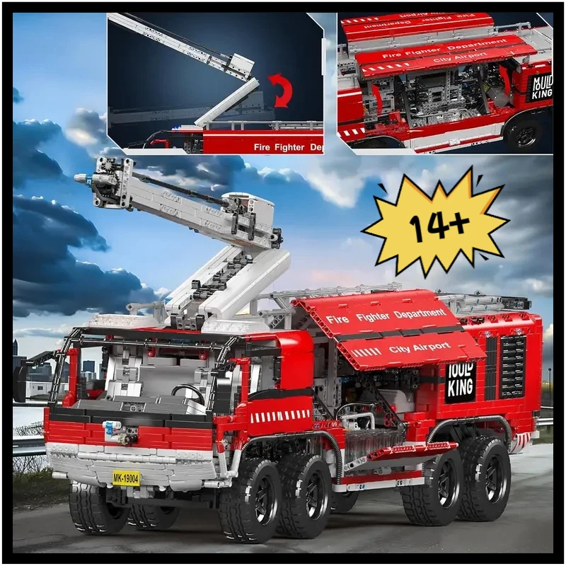 MOULD KING 19004 Technical MOC-4446 Airport Crash Tender Truck Building Blocks City Remote Control Fire Engine Toys for Kids