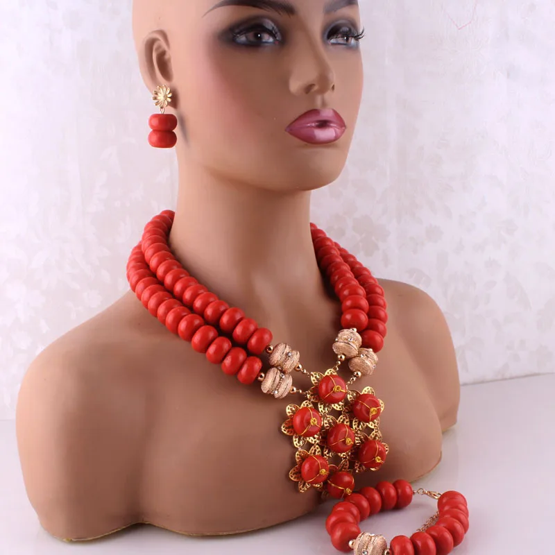 

Dudo African Jewelry Set For Women Handmade Flower 3 Pieces Nigeria Coral beads Necklace Set 2022