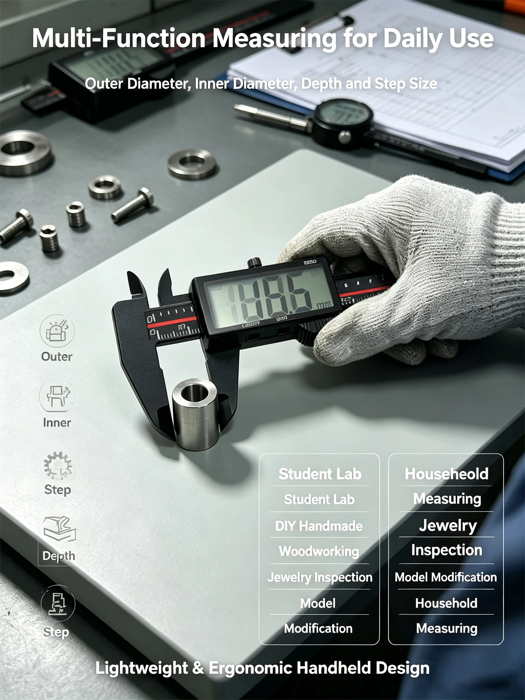 Plastic Digital Caliper 150mm Full Screen Large Display 0.1mm Resolution Measurement Tool for Home Repair Depth Length Thickness