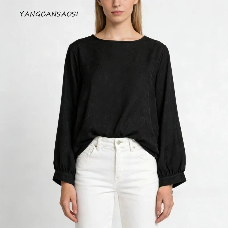 

Футболка из 100% натурального шелка тутового шелка, женский дышащий топ HuaLuo, черная футболка с круглым вырезом и длинными рукавами, весенняя одежда 2026 г.